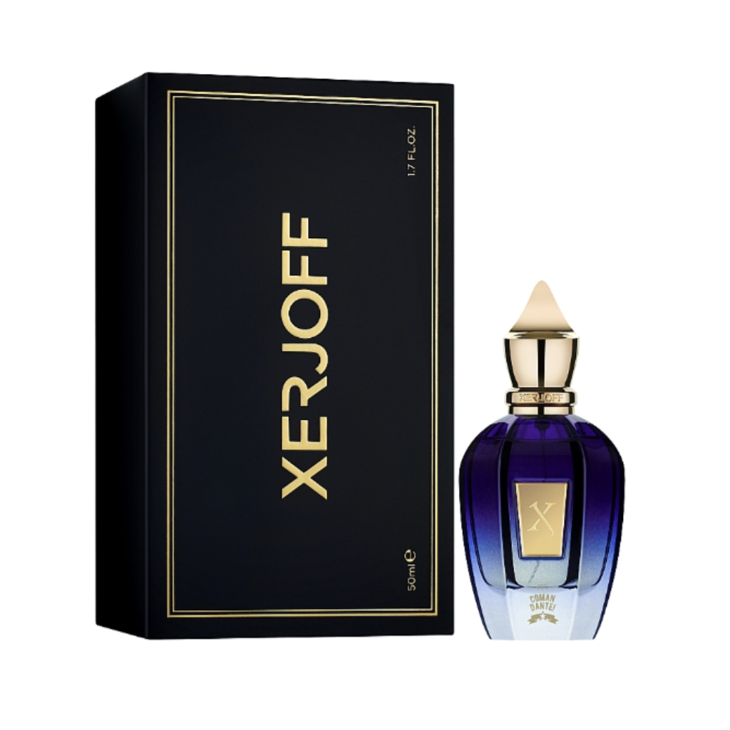 A dark blue and gold Comandante Eau de Parfum by XERJOFF with a gold cap sits beside its matching black and gold box, featuring an X logo and elegant curves, known for its refined tobacco notes.
