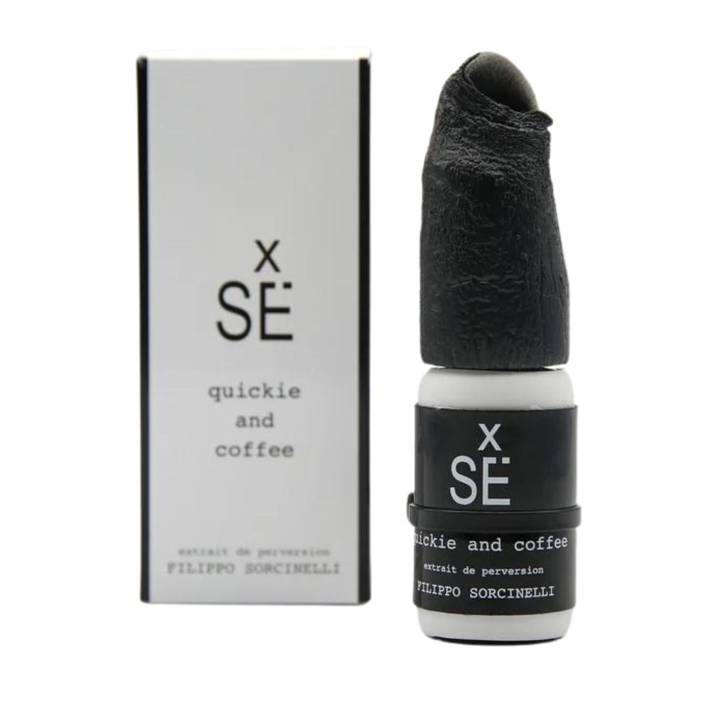 X SÉ QUICKIE AND COFFEE Eau de Parfum by Filippo Sorcinelli features a black textured cap and black-and-white label, displayed with its matching rectangular box.