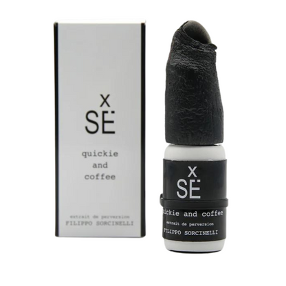 X SÉ QUICKIE AND COFFEE Eau de Parfum by Filippo Sorcinelli features a black textured cap and black-and-white label, displayed with its matching rectangular box.