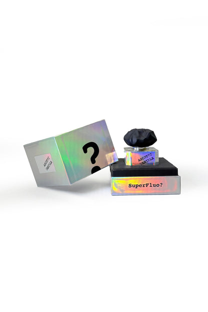 SuperFluo? perfume bottle with packaging on a white background