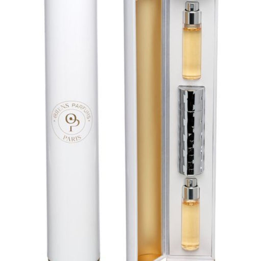 An open white cylindrical box with gold accents labeled Orens Parfums reveals the COFFRET UNDEA DES ILES 30ML set, featuring two travel-size perfume vials and a silver spray bottle inside a white and gold interior.