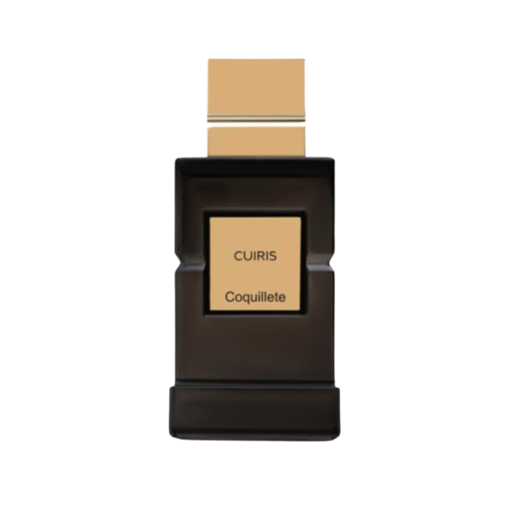 A sleek black rectangular bottle with a gold cap and label displays "CUIRIS Eau de Parfum - Coquillete Parfum" by Coquillete, embodying modern French elegance in a refined leather fragrance against a white background.