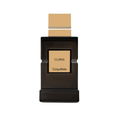A sleek black rectangular bottle with a gold cap and label displays "CUIRIS Eau de Parfum - Coquillete Parfum" by Coquillete, embodying modern French elegance in a refined leather fragrance against a white background.