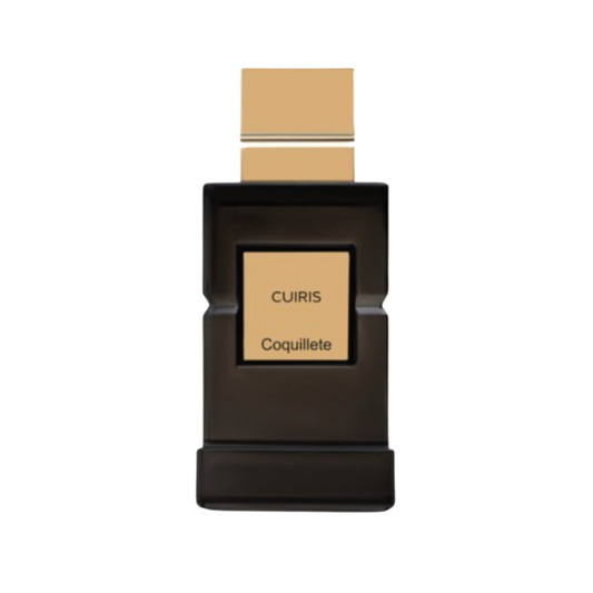 A sleek black rectangular bottle with a gold cap and label displays "CUIRIS Eau de Parfum - Coquillete Parfum" by Coquillete, embodying modern French elegance in a refined leather fragrance against a white background.