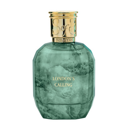 A green, faceted bottle with a marbled finish and gold cap features "LONDON'S CALLING" in gold—a unique eau de parfum from Sense of Scent.
