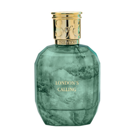 A green, faceted bottle with a marbled finish and gold cap features "LONDON'S CALLING" in gold—a unique eau de parfum from Sense of Scent.