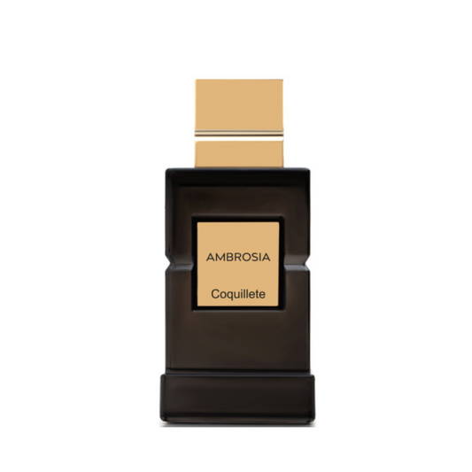 A black rectangular bottle with a gold cap and “AMBROSIA Coquillete” label, displayed on white. AMBROSIA Eau de Parfum by Coquillete is a luxurious honey perfume with an elegant floral scent.