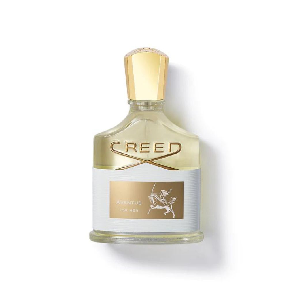 A bottle of CREED AVENTUS FOR HER EDP by CREED, featuring a gold cap and white label with a gold emblem and horse rider design, set against a white background—a luxurious women’s fragrance.