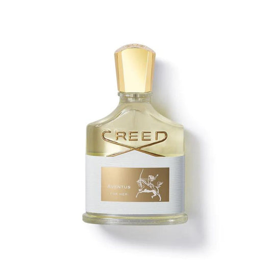 A bottle of CREED AVENTUS FOR HER EDP by CREED, featuring a gold cap and white label with a gold emblem and horse rider design, set against a white background—a luxurious women’s fragrance.