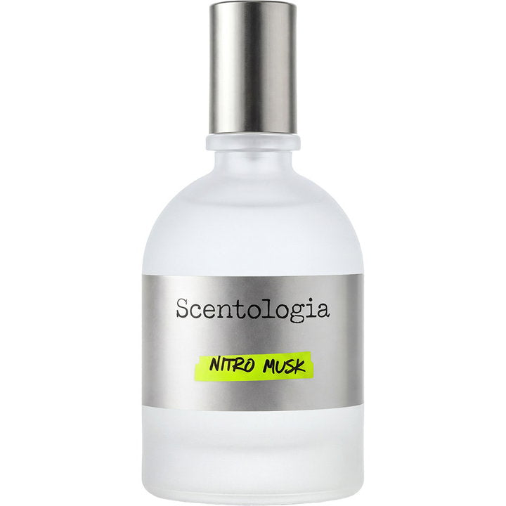 A frosted glass bottle of Scentologia Nitro Musk fragrance with a metallic silver cap and a silver label featuring a bright yellow-green highlight.