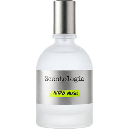 A frosted glass bottle of Scentologia Nitro Musk fragrance with a metallic silver cap and a silver label featuring a bright yellow-green highlight.