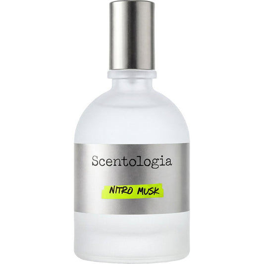 A frosted glass bottle of Scentologia Nitro Musk fragrance with a metallic silver cap and a silver label featuring a bright yellow-green highlight.