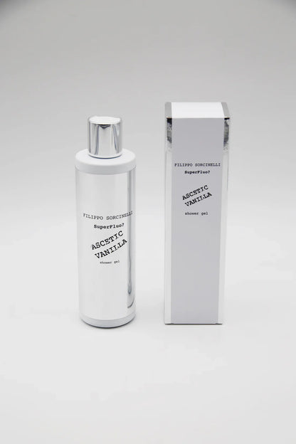 A 250 ml Filippo Sorcinelli SUPERFLUO ASCETIC VANILLA SHOWER GEL stands beside its matching rectangular box, both displaying minimalist black text on a white background.
