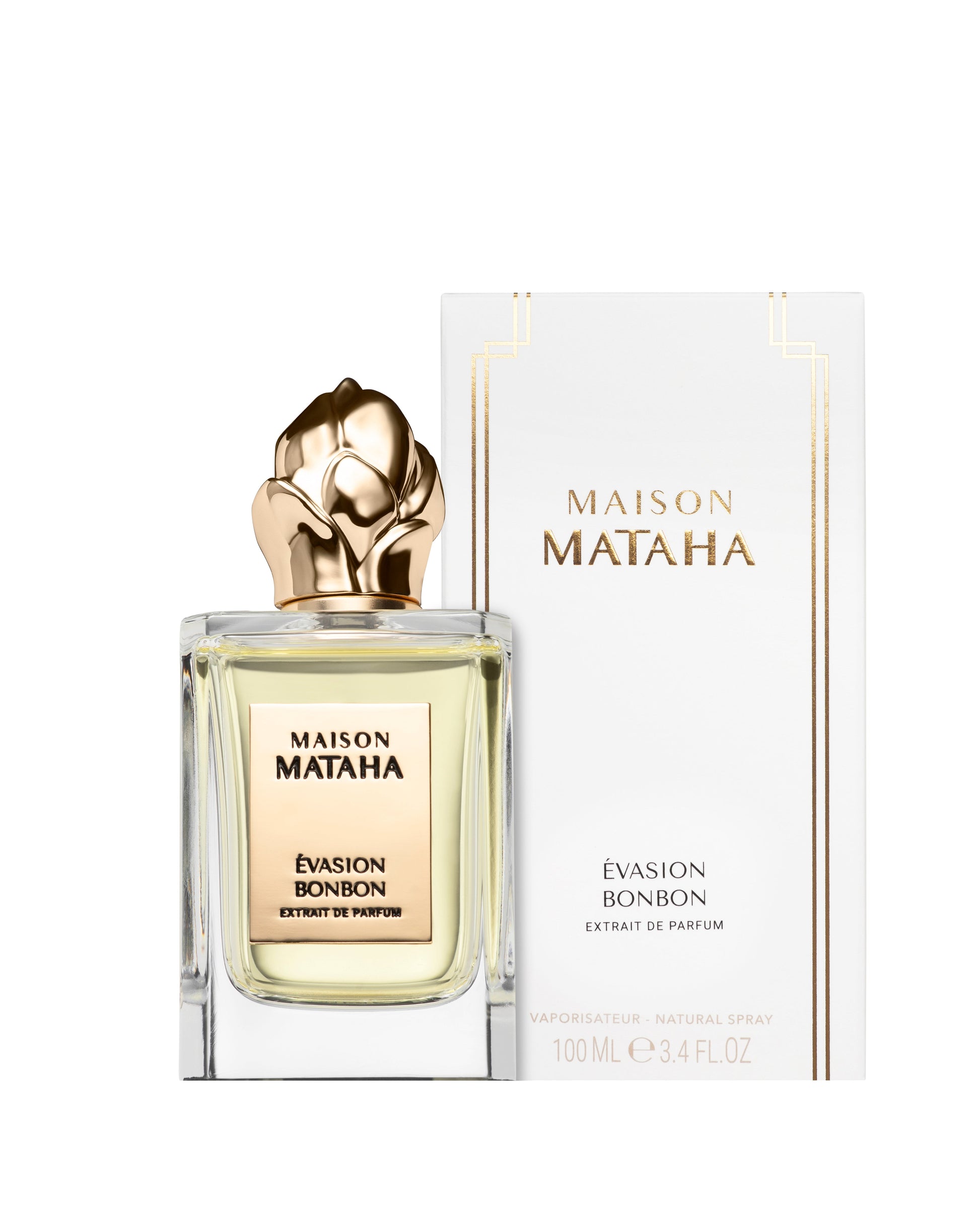 Maison Mataha's Evasion Bonbon Extrait de Parfum, featuring a gold rose-shaped cap, is shown with its matching white and gold box. This candy-inspired fragrance comes in a 100 ml (3.4 fl oz) bottle.