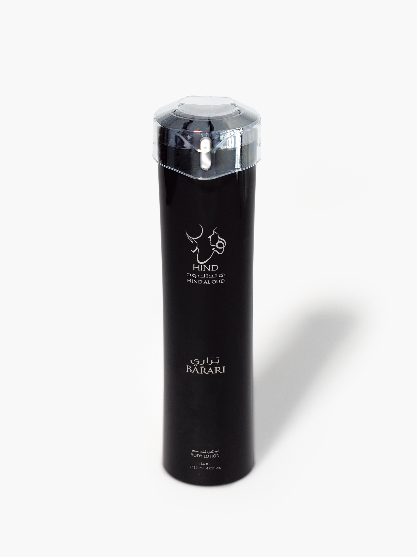 A tall, sleek black bottle of Barari Body Lotion by Hind Al Oud with a clear cap and silver logo stands upright on a white background, evoking the allure of Arabian Desert perfume.