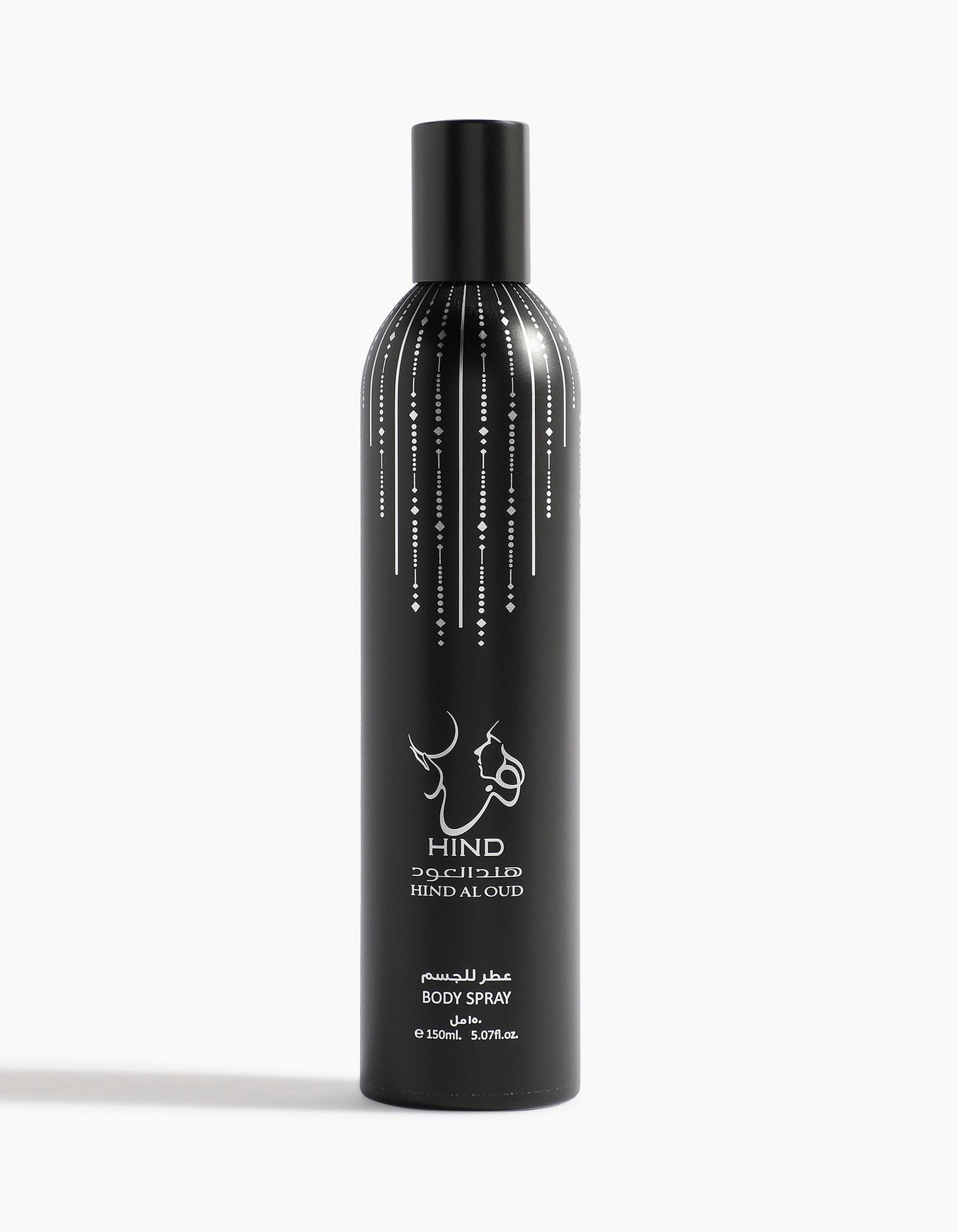 A sleek black cylindrical can of Hind Al Oud Barari Body Spray features white Arabic and English text, minimal deer graphics, and dotted lines on top—blending elegant agarwood notes for a refined fragrance.