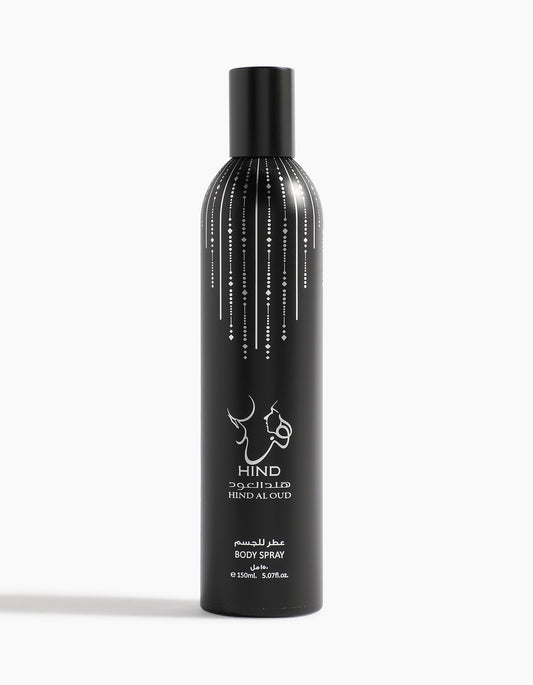 A sleek black cylindrical can of Hind Al Oud Barari Body Spray features white Arabic and English text, minimal deer graphics, and dotted lines on top—blending elegant agarwood notes for a refined fragrance.