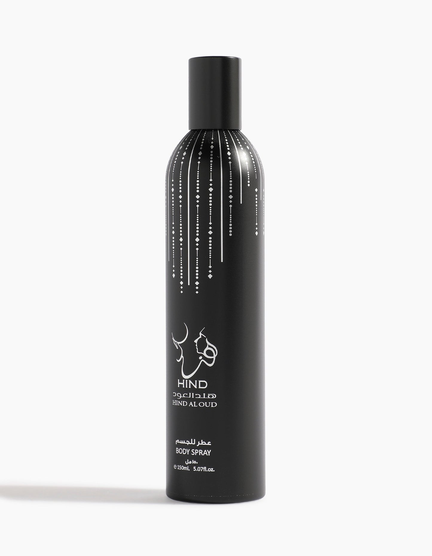 A black cylindrical bottle of Hind Al Oud Barari Body Spray, adorned with white lines and English/Arabic text, stands upright on a white background—featuring the rich scent of agarwood.
