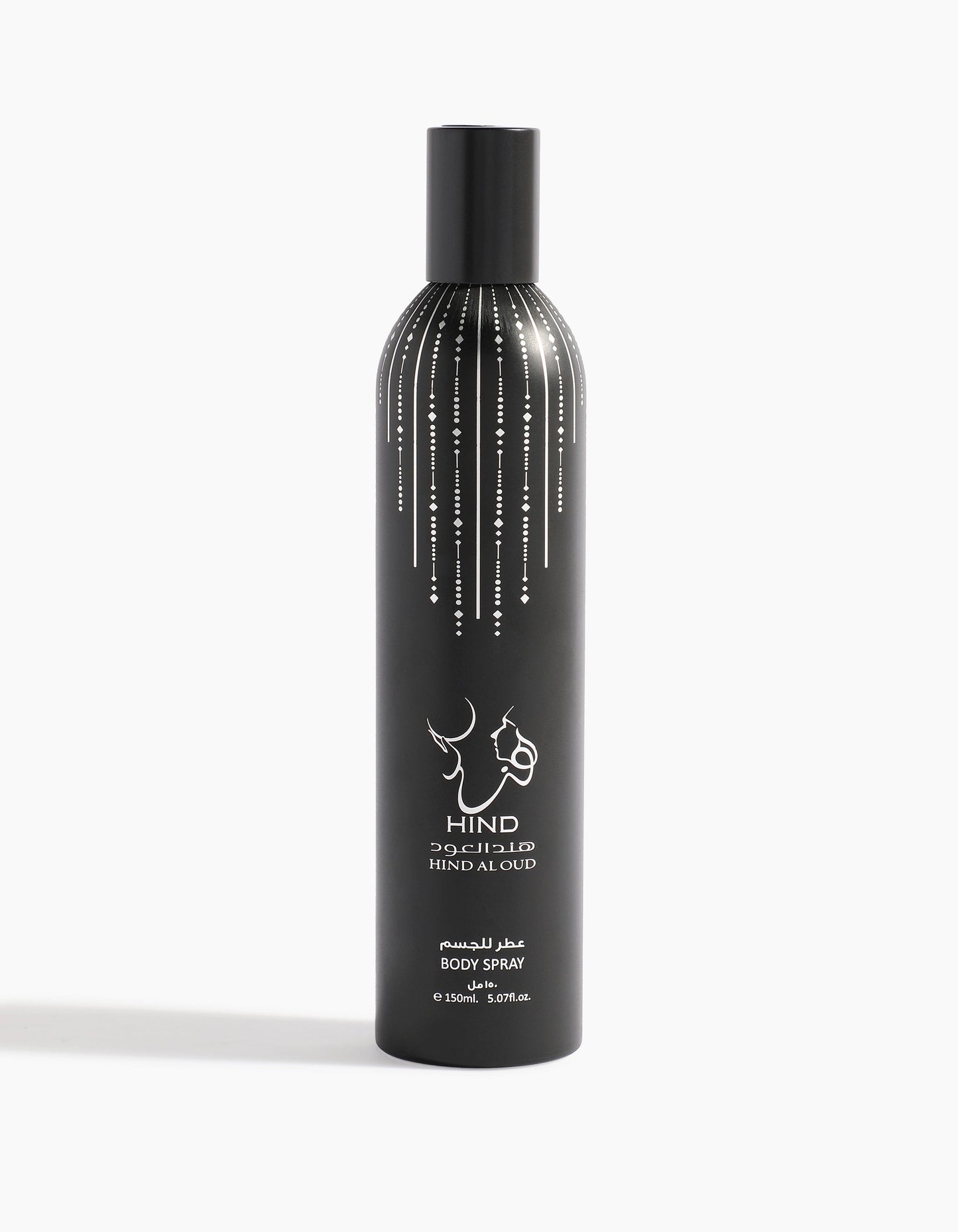 A tall matte black bottle of Sheikh A Body Spray by Hind Al Oud, featuring white lines and Arabic and English text, stands upright on a white background, suggesting notes of rich spices and agarwood.