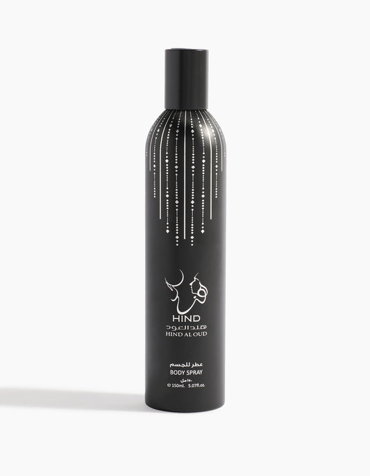 A tall matte black bottle of Sheikh A Body Spray by Hind Al Oud, featuring white lines and Arabic and English text, stands upright on a white background, suggesting notes of rich spices and agarwood.