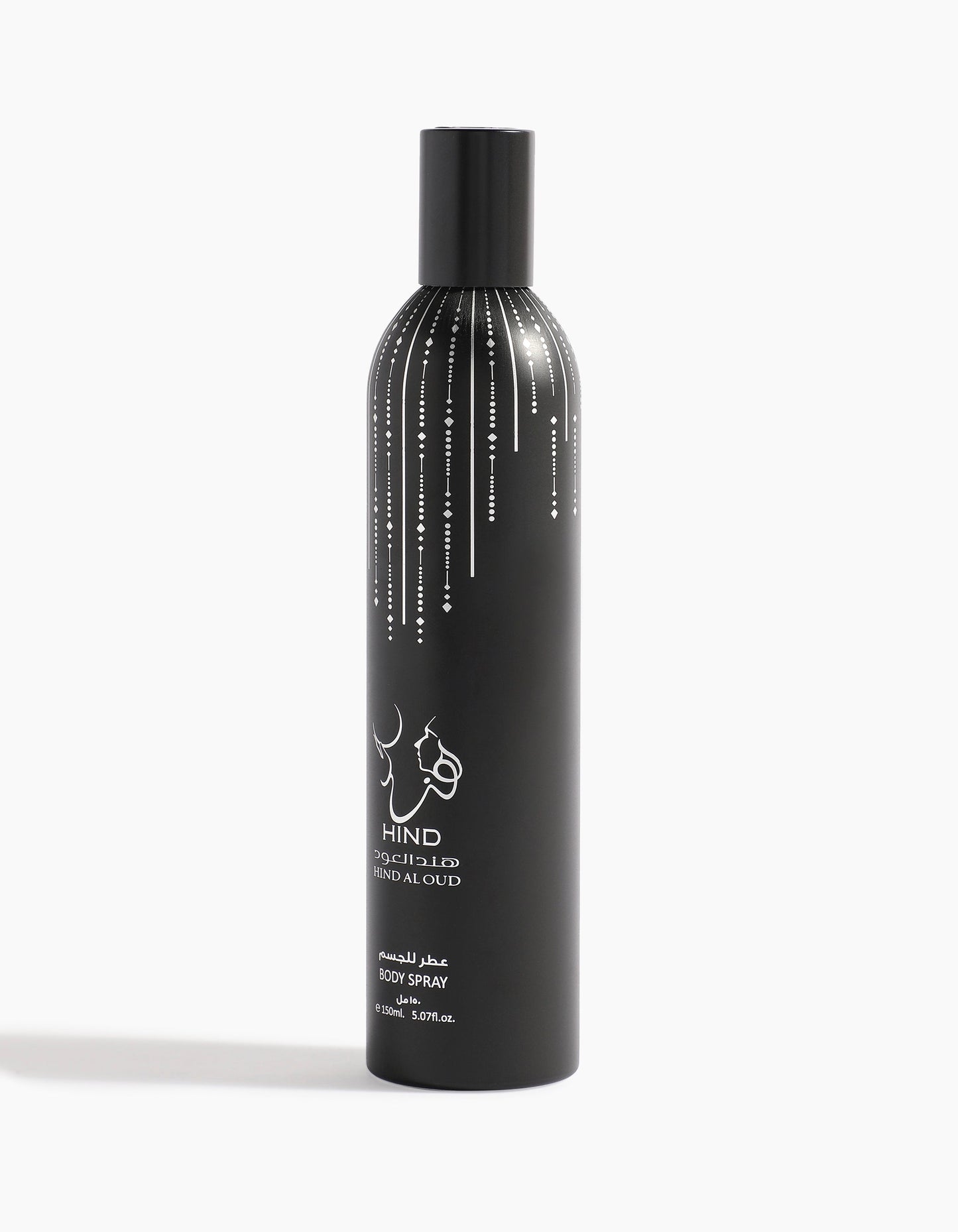 A black cylindrical can of Sheikh A Body Spray by Hind Al Oud, with white decorative lines, Arabic and English text, and a fragrance infused with rich spices and luxurious agarwood notes.