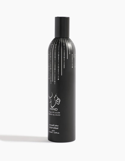 A black cylindrical can of Sheikh A Body Spray by Hind Al Oud, with white decorative lines, Arabic and English text, and a fragrance infused with rich spices and luxurious agarwood notes.