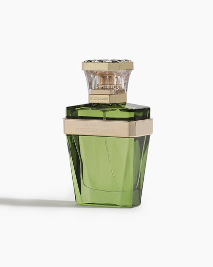A green, faceted perfume bottle with a gold and clear cap and gold band, labeled Everdeep Barari Parfum by Hind Al Oud, sits on a white background—ideal for fans of woody fragrances with oud notes.