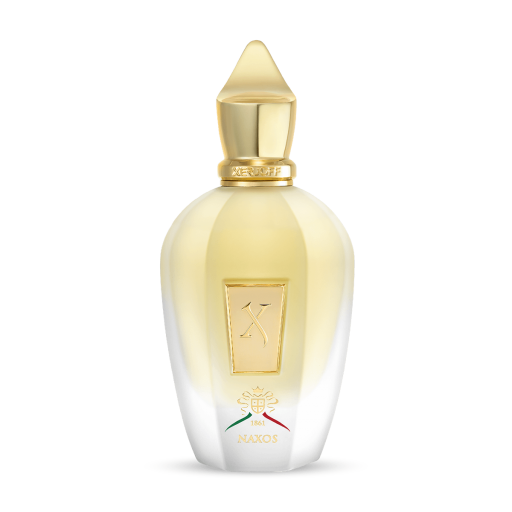 Naxos Eau de Parfum by XERJOFF features a gold-capped, gradient gold-to-white bottle with a gold emblem and colorful NAJOS logo, evoking Sicily-inspired scents in a luxurious design reminiscent of the essence of Naxos.