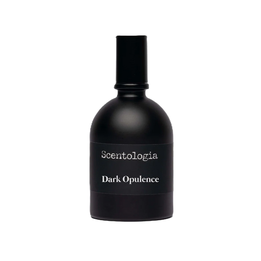 A matte black bottle of Dark Opulence Eau de Parfum by Scentologia stands upright against a light gray background, embodying luxury with its alluring oriental woody scent.