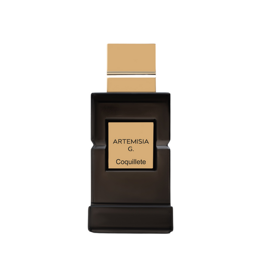 A rectangular black bottle of Coquillete's ARTEMISIA G. Eau de Parfum features a gold cap and label with the text "ARTEMISIA G. Coquillete" on the front, presented against a plain white background.
