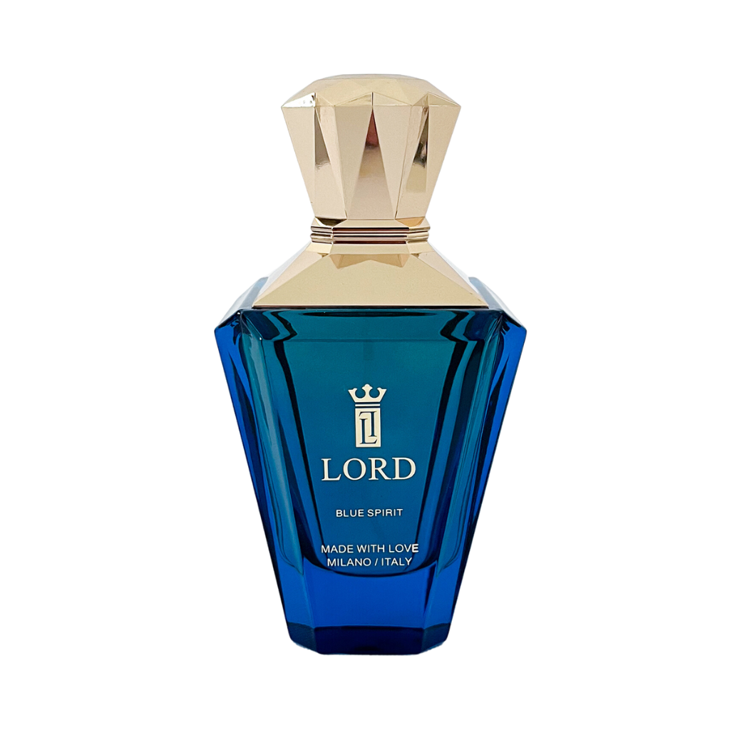 A faceted blue perfume bottle labeled BLUE SPIRIT Eau de Parfum by LORD MILANO, from the DREAM LIBRARY collection. It features a gold cap and accents, with "Made With Love Milano/Italy" on the label—a fragrance to treasure.