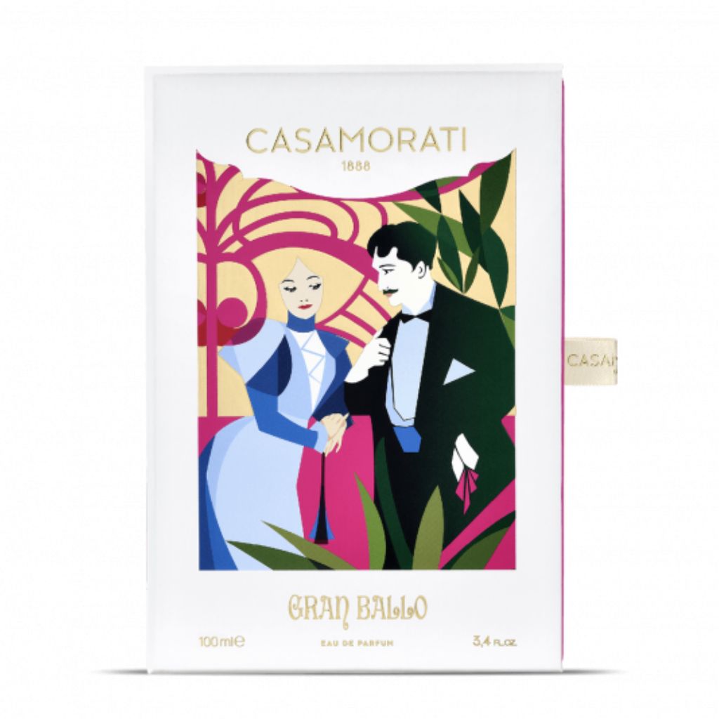 Art Deco-style box for XERJOFF’s Casamorati 1888 Gran Ballo Eau de Parfum features a woman in blue and pink with a man in a tuxedo, holding hands, and bold geometric patterns—reflecting the vibrant floral fruity scent inside.