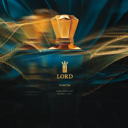 A dark blue PHANTOM Eau De Parfum bottle by LORD MILANO with a gold geometric cap, surrounded by swirling golden and blue light trails. Made in Milano/Italy, this luxury unisex fragrance is crafted with love.