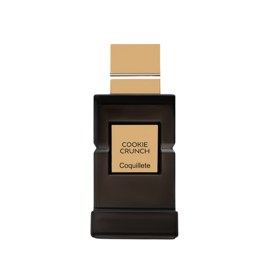A rectangular black bottle with a gold cap and label bears “COOKIECRUNCH Eau de Parfum - Coquillete Parfum” by Coquillete. This vanilla scent offers a rich gourmand fragrance, displayed on a white background.