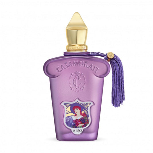 A purple perfume bottle with a gold cap, purple tassel, and ornate label featuring a red-haired woman. Embossed with CASAMORATI and Xerjoff's Casamorati 1888 La Tosca Eau de Parfum, it holds a signature floral scent.