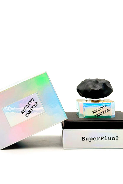 Perfume bottle labeled 'SuperFluo?' with a colorful box on a white background
