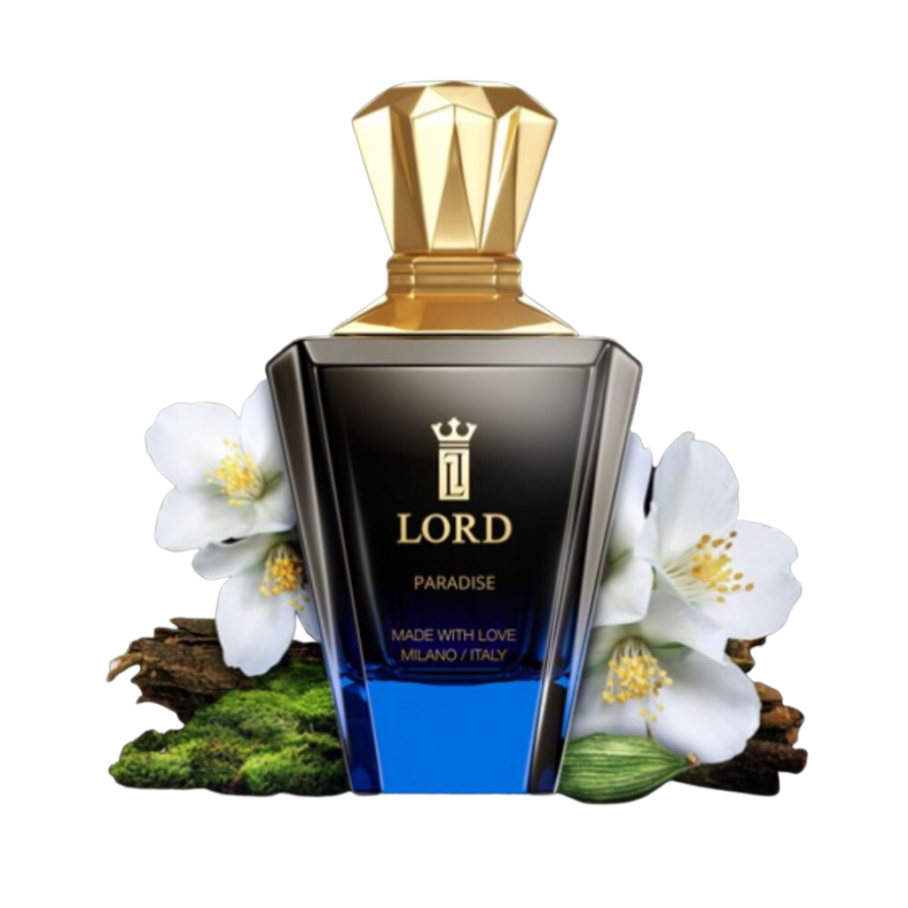 A luxurious PARADISE Eau de Parfum by LORD MILANO, featuring a gold-capped bottle labeled PARADISE, is surrounded by white flowers, green moss, and wood, capturing the Woody Aromatic essence on a pristine white background.