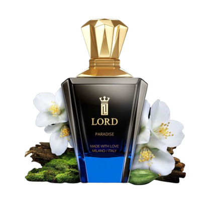 A luxurious PARADISE Eau de Parfum by LORD MILANO, featuring a gold-capped bottle labeled PARADISE, is surrounded by white flowers, green moss, and wood, capturing the Woody Aromatic essence on a pristine white background.