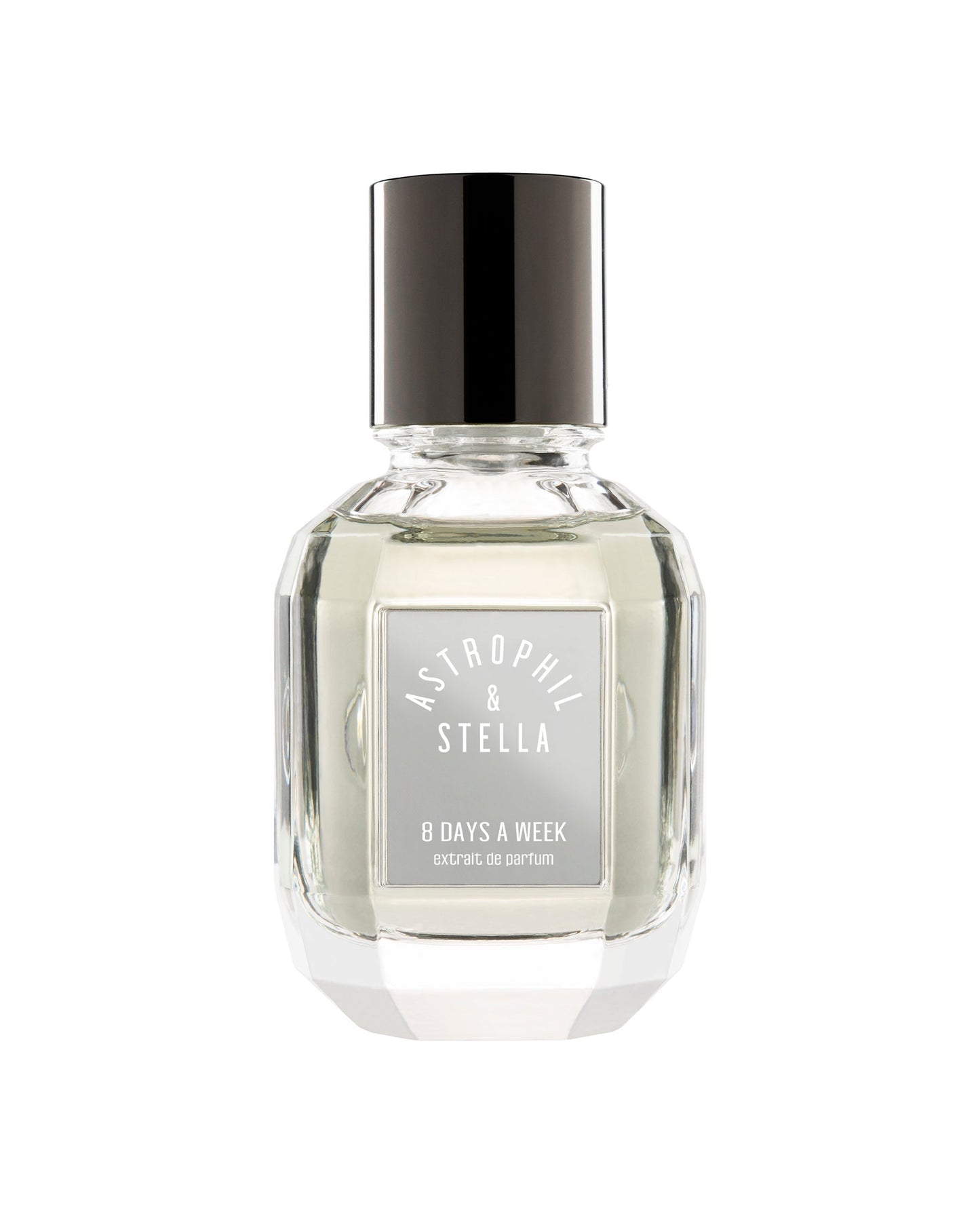 Astrophil & Stella '8 Days A Week' eau de parfum in a faceted clear glass bottle with a black cap, shown on a white background.