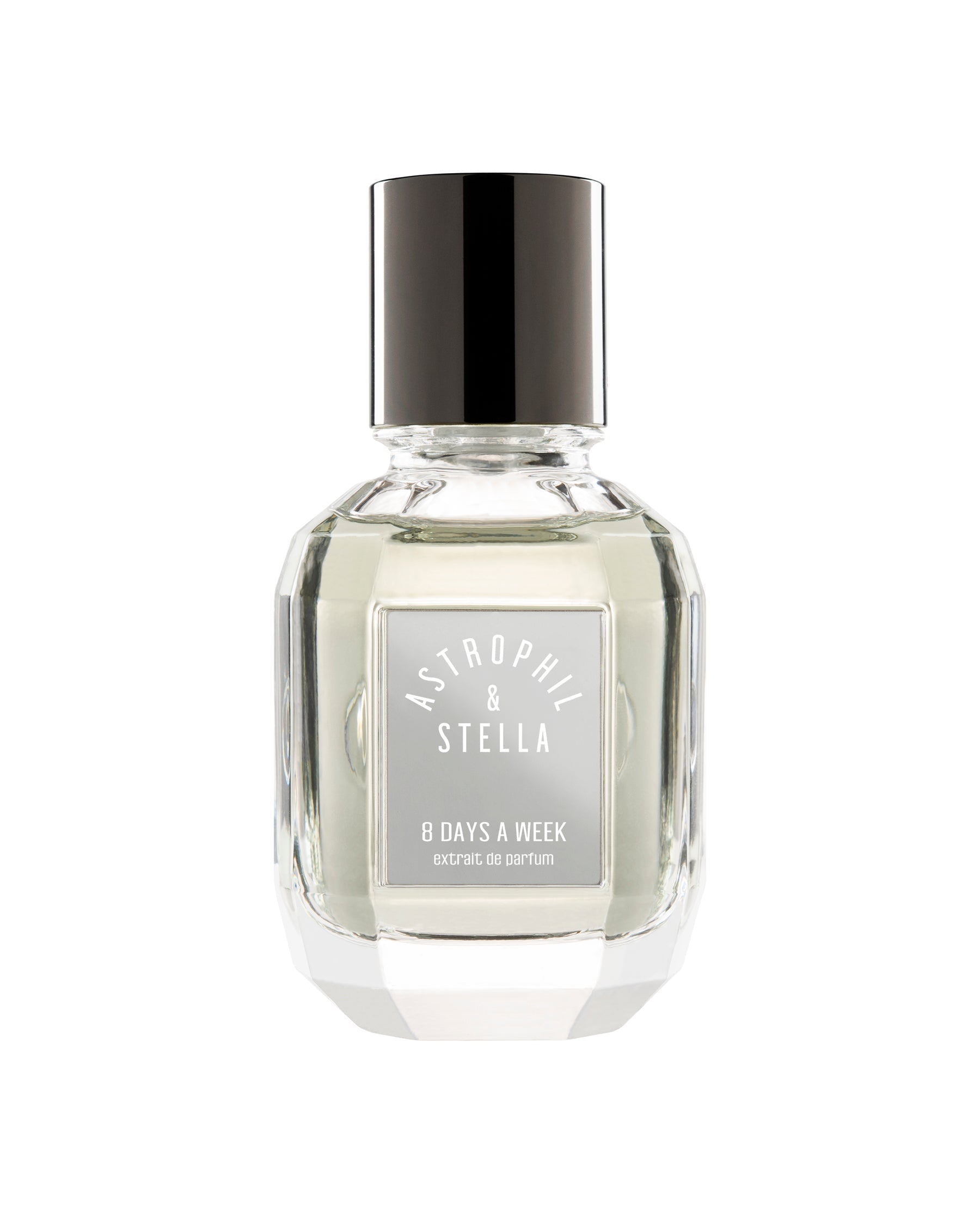 Astrophil & Stella '8 Days A Week' eau de parfum in a faceted clear glass bottle with a black cap, shown on a white background.