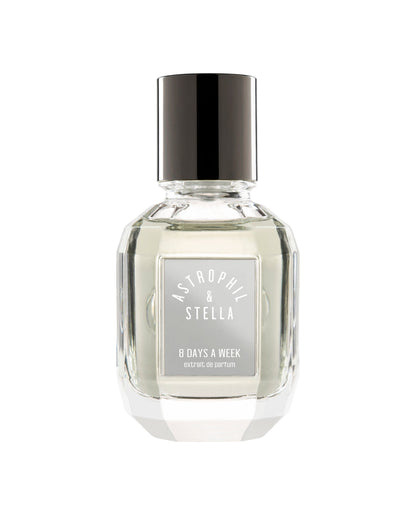 Astrophil & Stella '8 Days A Week' eau de parfum in a faceted clear glass bottle with a black cap, shown on a white background.
