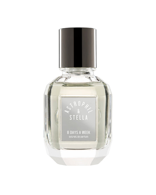 Astrophil & Stella '8 Days A Week' eau de parfum in a faceted clear glass bottle with a black cap, shown on a white background.