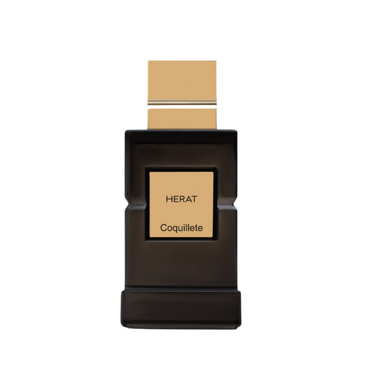 A rectangular dark glass bottle with a gold cap features a gold label reading HERAT and Coquillete Paris, reflecting the mysterious incense notes of HERAT Eau de Parfum by Coquillete.