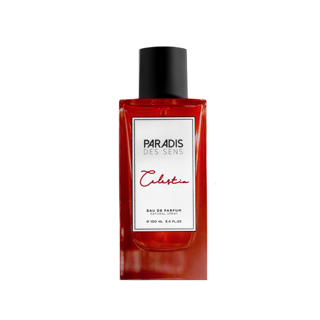A rectangular red bottle with a black cap, labeled PARADIS DES SENS Celestia Eau de Parfum, is shown on a white background, reflecting the unisex perfume's alluring oriental floral scent.