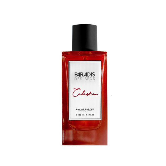 A rectangular red bottle with a black cap, labeled PARADIS DES SENS Celestia Eau de Parfum, is shown on a white background, reflecting the unisex perfume's alluring oriental floral scent.