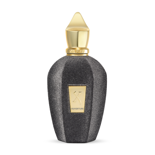 A black textured bottle with a gold cap and label displays XERJOFF's Ouverture Eau de Parfum, a luxurious oriental floral unisex fragrance, set against a plain white background.