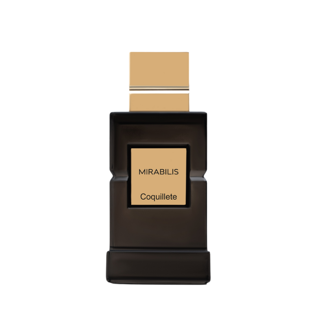 A dark, rectangular bottle with a gold cap and MIRABILIS label holds Coquillete’s MIRABILIS Eau de Parfum, featuring rich ambergris notes in a modern design—ideal for those who enjoy bold, sophisticated scents.