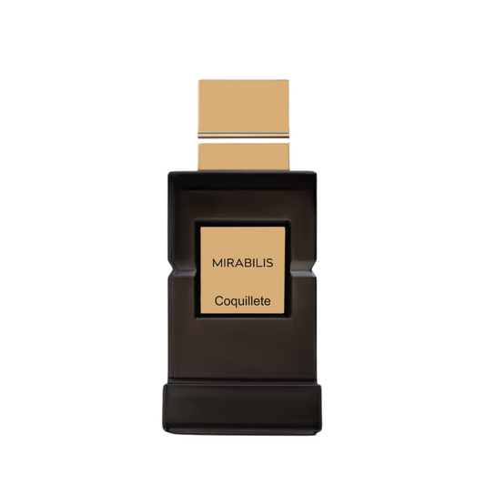 A dark, rectangular bottle with a gold cap and MIRABILIS label holds Coquillete’s MIRABILIS Eau de Parfum, featuring rich ambergris notes in a modern design—ideal for those who enjoy bold, sophisticated scents.