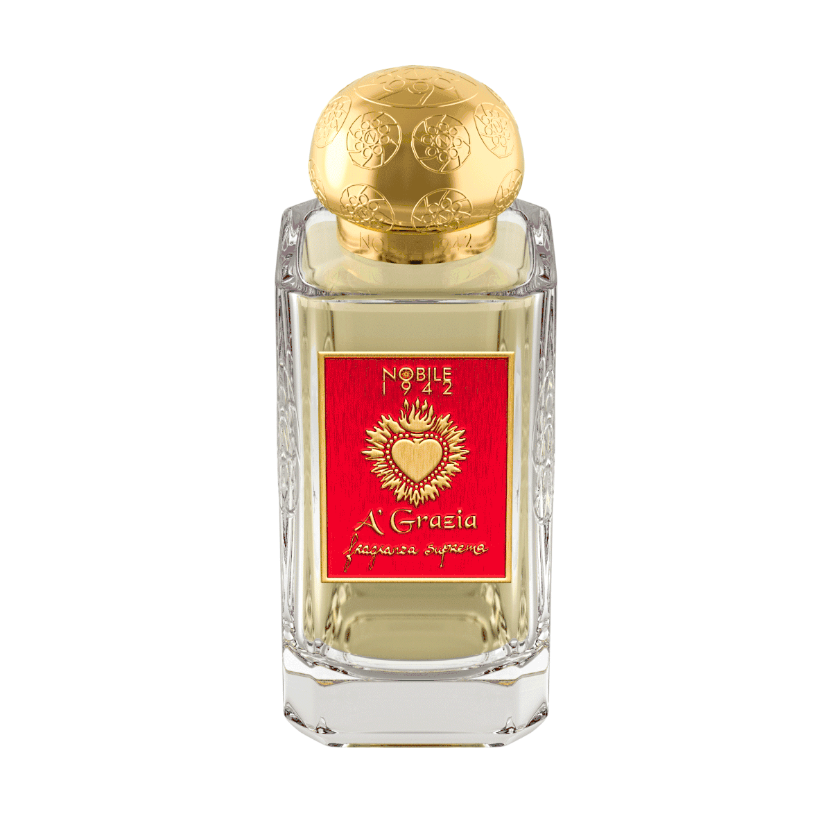 A clear glass perfume bottle with a gold embossed cap and red label displays “A' GRAZIA 'SAN GENNARO, TAKE CARE OF IT!' Eau de Parfum – Nobile 1942,” inspired by San Gennaro and Neapolitan culture, set against a solid brown background.