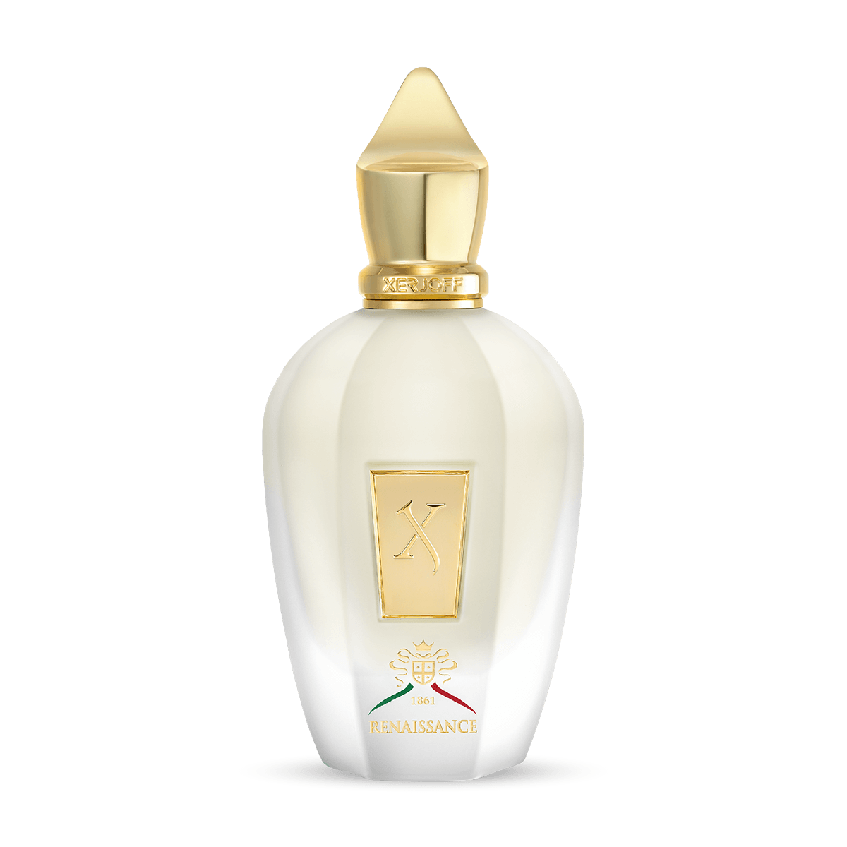 A white and gold bottle of XERJOFF Renaissance Eau de Parfum, adorned with a gold cap and elegant detailing that evoke Italian heritage, set against a plain white background.